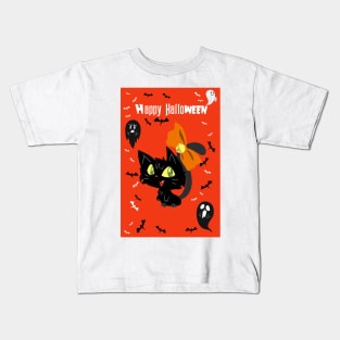 Orange Happy Halloween - Black Cat with a Bow Kids T-Shirt